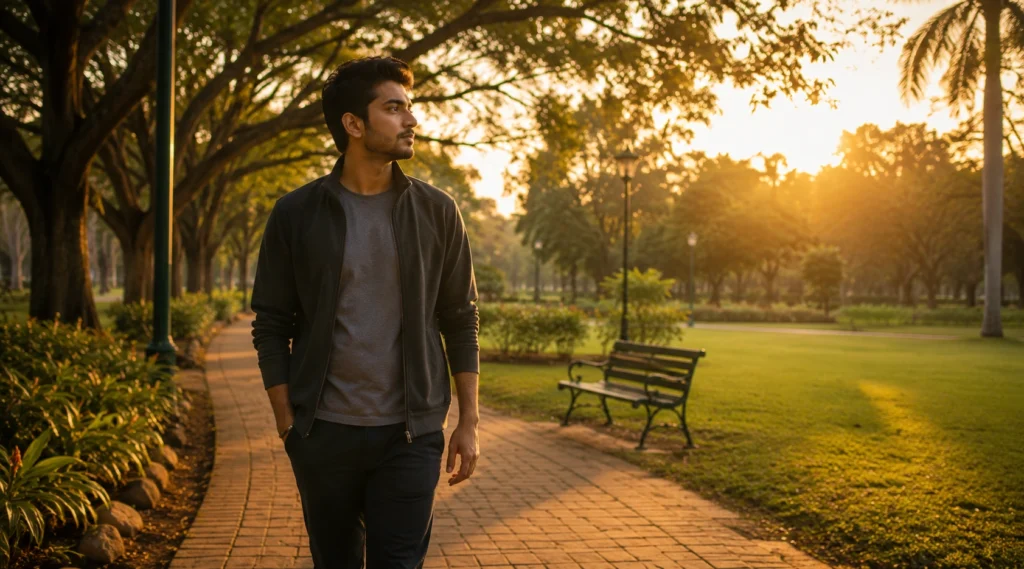 Young Indian professional walking peacefully in a park at sunrise after work, symbolizing balance and personal growth.