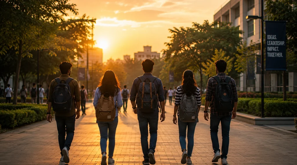 University students walking together at sunset toward their future