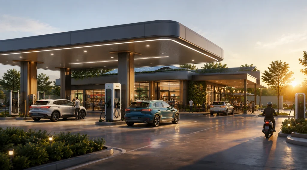 Modern mobility hub featuring EV charging, convenience retail and fuel services.