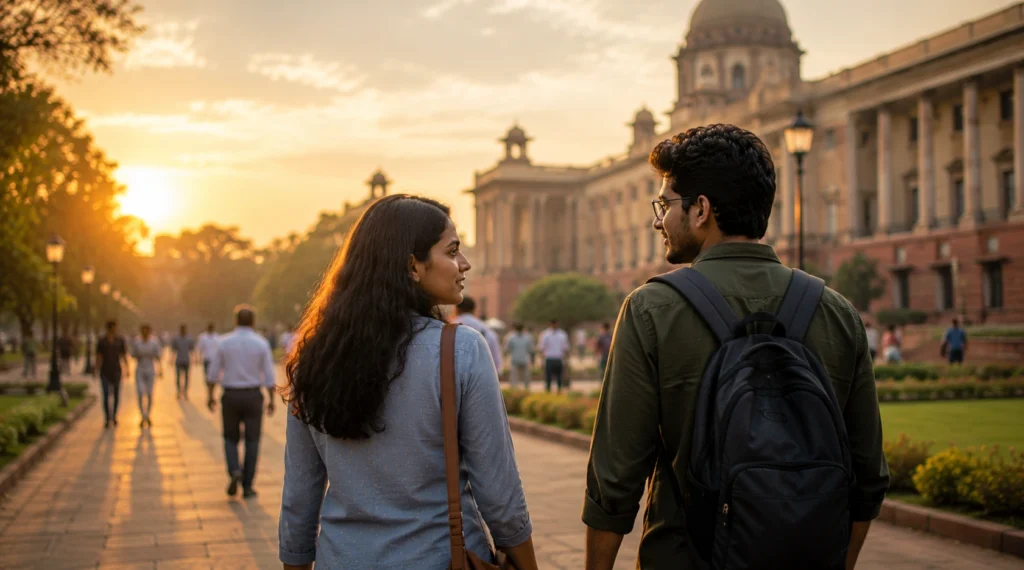 Young Indians walking together after a civic discussion, symbolizing hope for the future of democracy