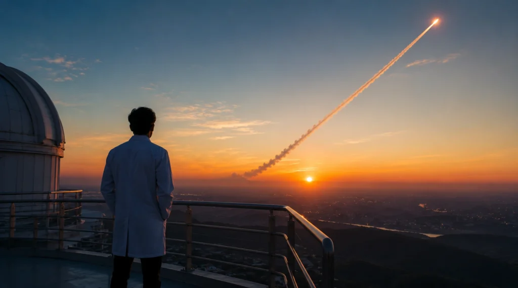 Scientist watching a rocket trail across the sunrise sky from an observatory terrace