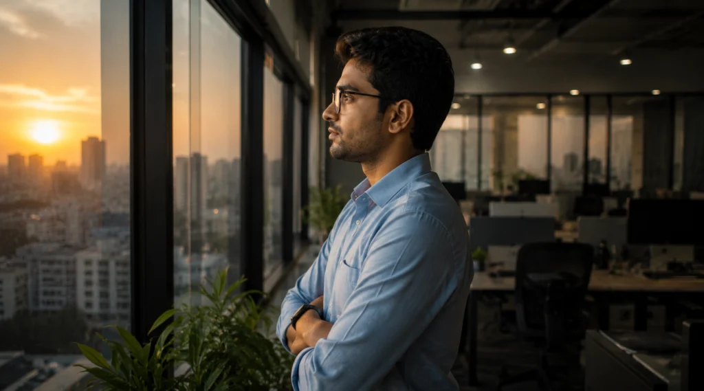 Office window से भविष्य की ओर देखते हुए Indian professional