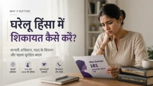 महिला घरेलू हिंसा के बाद कानूनी सहायता और सुरक्षित विकल्पों पर विचार करती हुई।