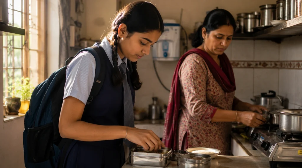 Indian schoolgirl helping her mother before leaving for school.