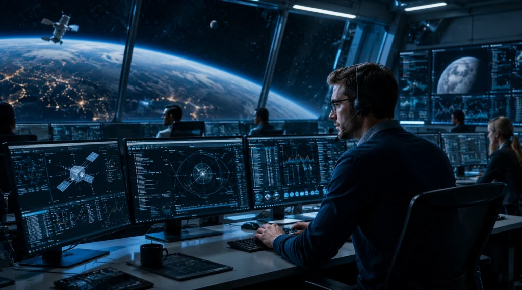 Aerospace engineer monitoring deep-space missions inside an advanced mission control center