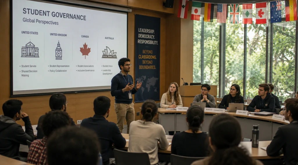 International student council meeting discussing campus governance