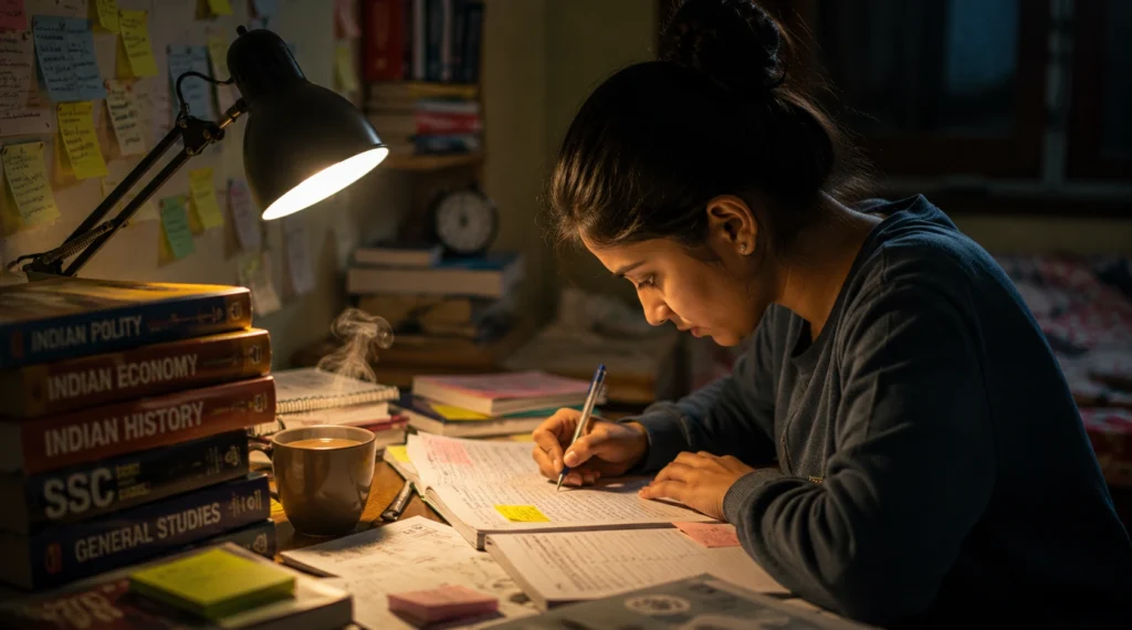 Young Indian woman studying late at night for competitive government examinations.
