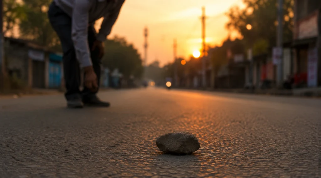 A quiet Indian road at sunset with a person removing a stone from the road