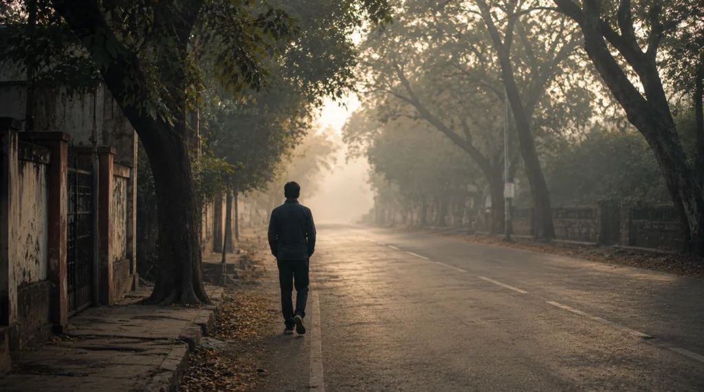 A lone person walking on a quiet tree-lined road during early morning, symbolizing reflection and healing.