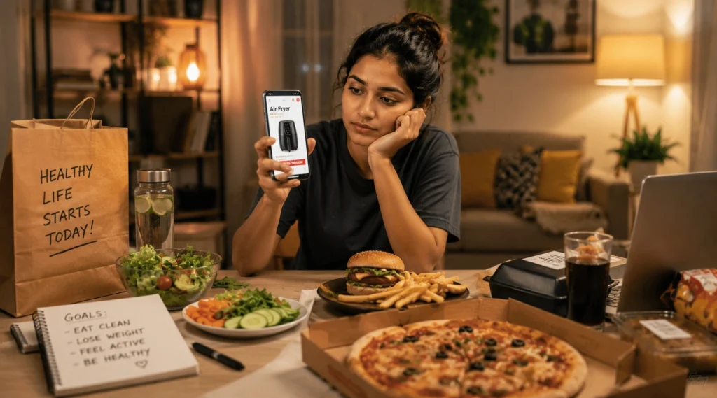 Young professional comparing healthy eating goals with everyday food choices while browsing Air Fryer online