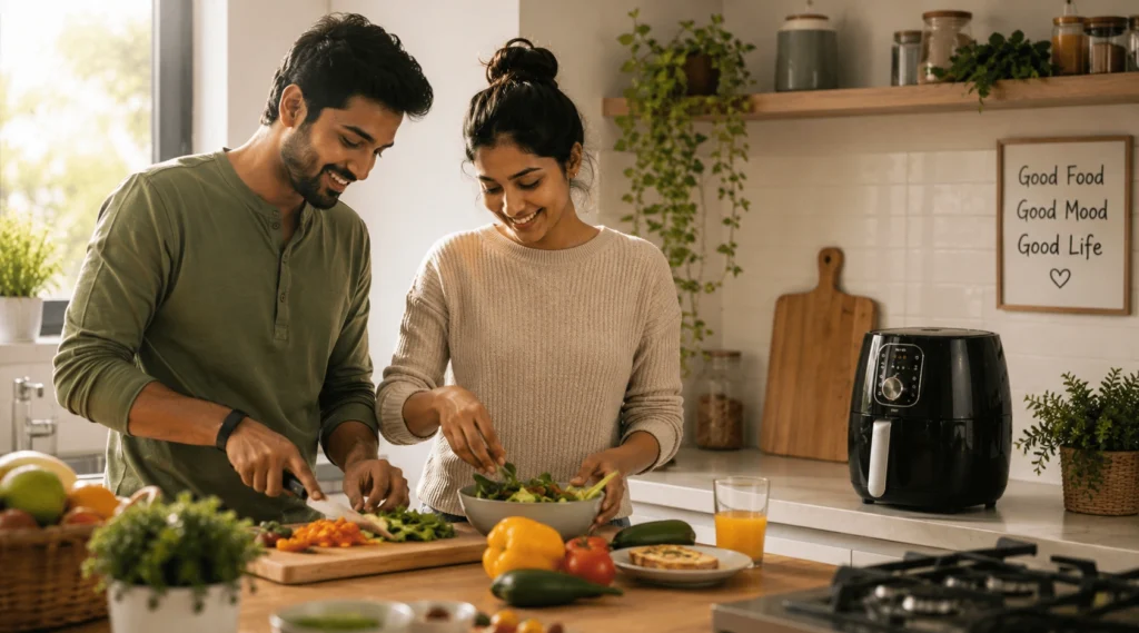 Young Indian couple preparing a healthy homemade meal together in a modern kitchen with an Air Fryer in the background