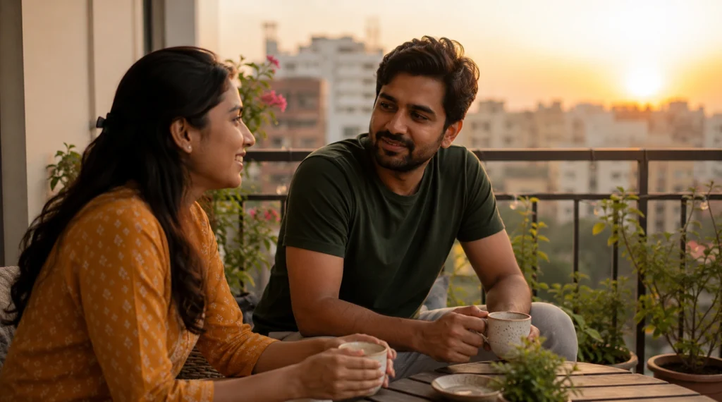 Balcony पर बातचीत करता भारतीय Couple