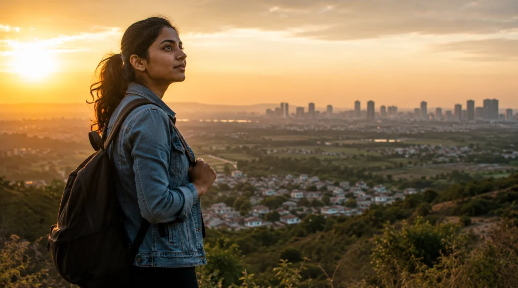 Young Indian woman overlooking a village and distant city skyline at sunrise.