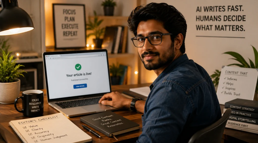Indian digital creator reviewing and publishing an article after final human editing