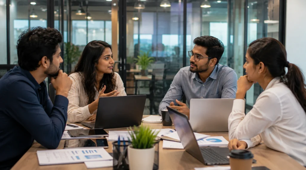 Young Indian professionals collaborating around a conference table using laptops in a modern workplace.