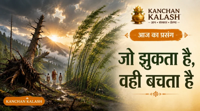 हिमालय की तलहटी में तेज़ तूफ़ान के बीच झुकता हुआ बाँस और जड़ों से उखड़ा विशाल देवदार का वृक्ष।