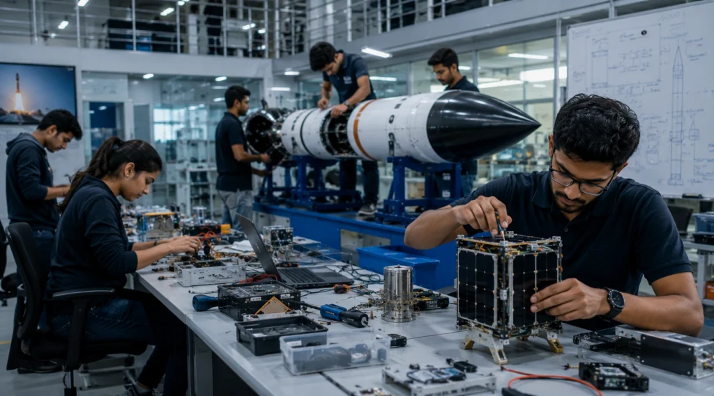 Young engineers building rockets and satellites inside an Indian private space startup