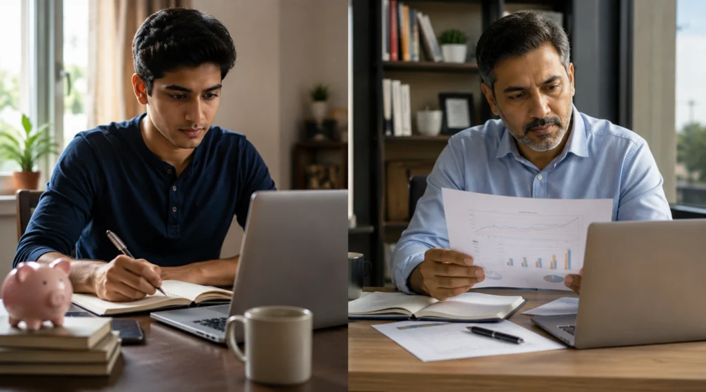 Young Indian professional attending an online certification course while reading a business book and taking notes.