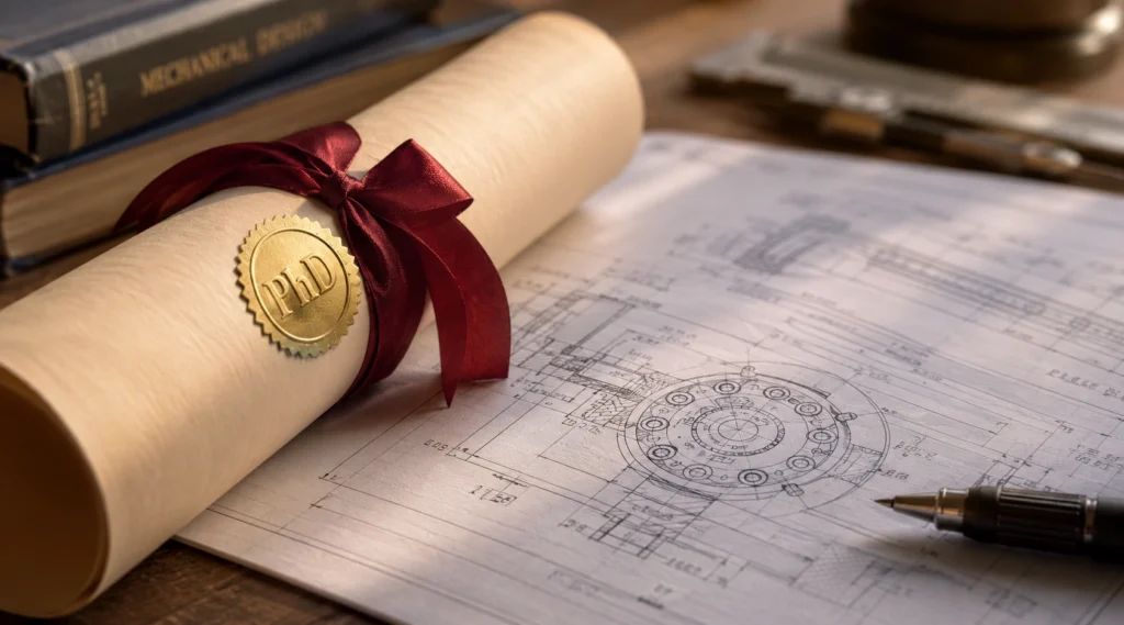 PhD degree and engineering blueprint representing higher education