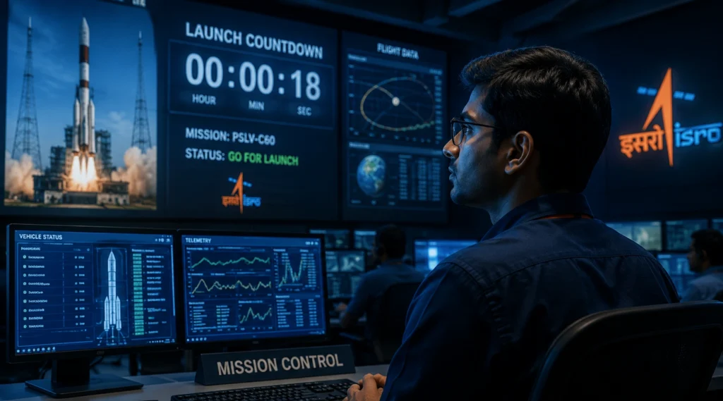 ISRO mission control engineer monitoring a rocket launch