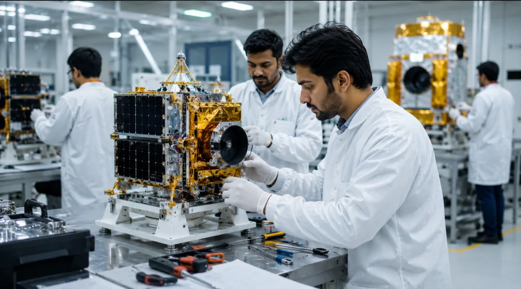 Indian space scientist assembling a satellite inside a modern laboratory