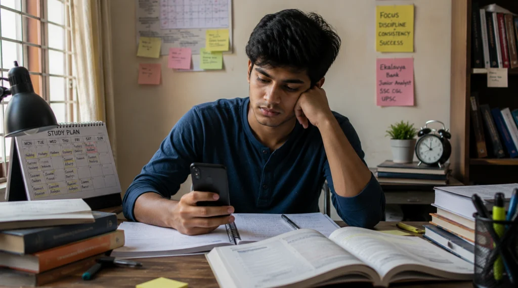 Government job aspirant distracted by smartphone notifications instead of studying