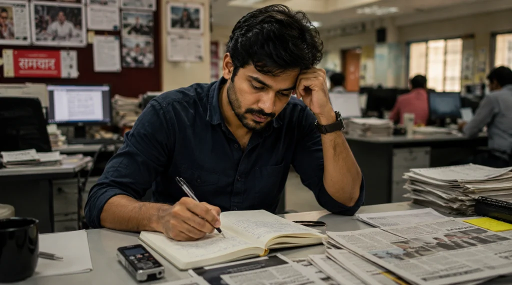 Indian journalist reviewing interview notes and planning a feature story in a newsroom