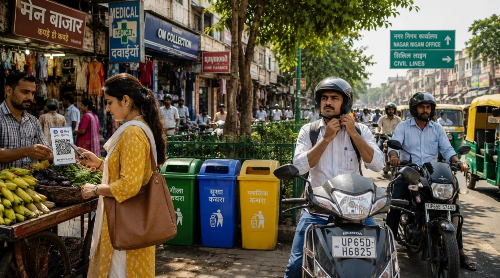 भारतीय बाजार में हेलमेट, डिजिटल भुगतान और स्वच्छता अपनाते नागरिक