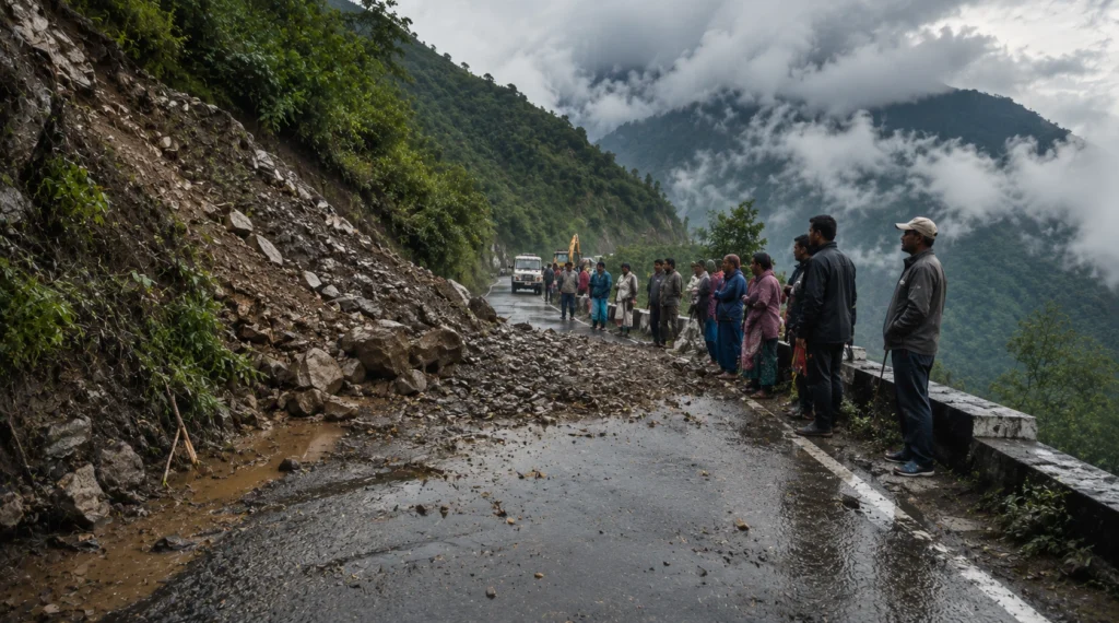 Damaged mountain road blocked by landslide in Garhwal while villagers wait