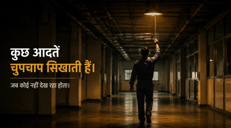 A factory worker switching off the last light before leaving work, symbolizing leadership through everyday actions