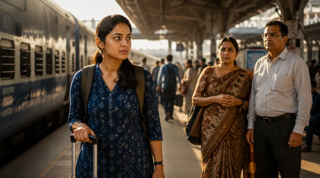 Young Indian woman leaving home for a new city while her parents watch from a railway platform.