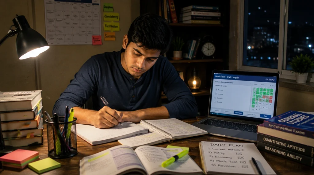 Young aspirant studying at night using books, notes and online mock
