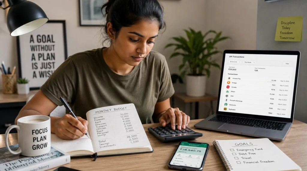 Young Indian woman tracking monthly expenses using a notebook, calculator and banking app while planning a personal budget.