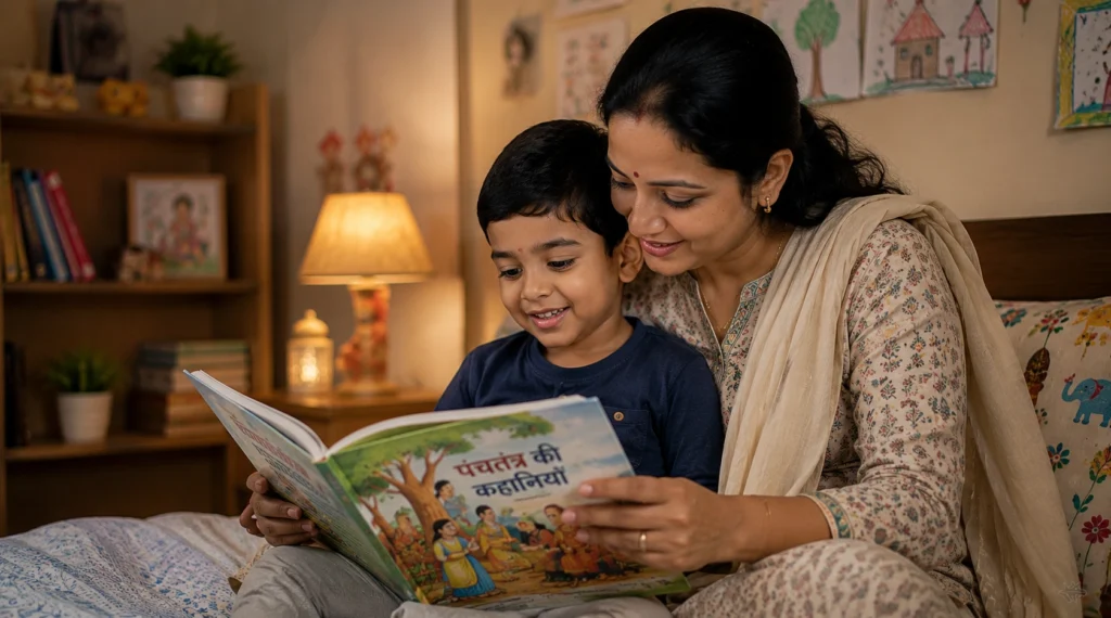 Indian mother reading a Hindi storybook with her young child at home