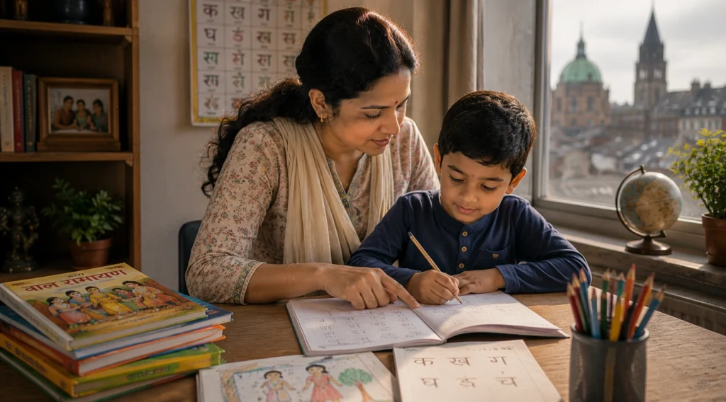 Indian mother helping her child practise Hindi writing at home