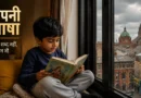 Indian child reading a Hindi storybook near a window in Dublin, highlighting the importance of mother tongue for NRI families