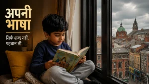 Indian child reading a Hindi storybook near a window in Dublin, highlighting the importance of mother tongue for NRI families