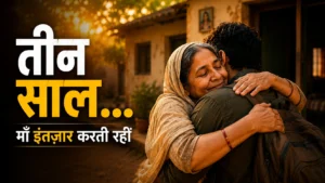 A son returns home unexpectedly while his mother sits in the courtyard preparing vegetables.