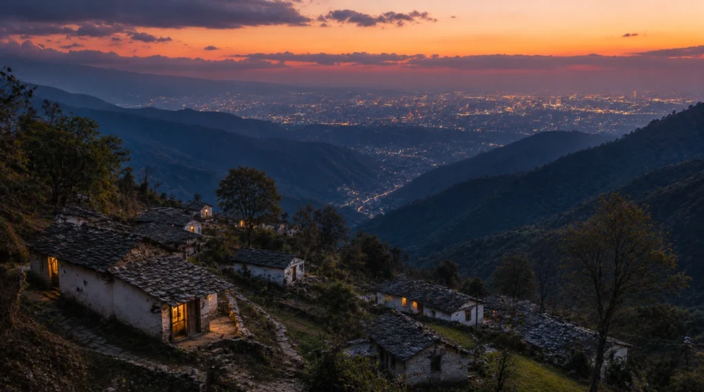 Himalayan village overlooking a distant city at sunset symbolizing opportunity and migration