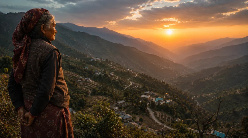 Elderly mountain woman overlooking her village at sunset