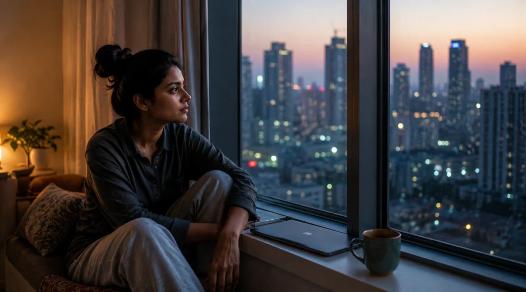 Young Indian professional woman reflecting beside a city window at dusk.