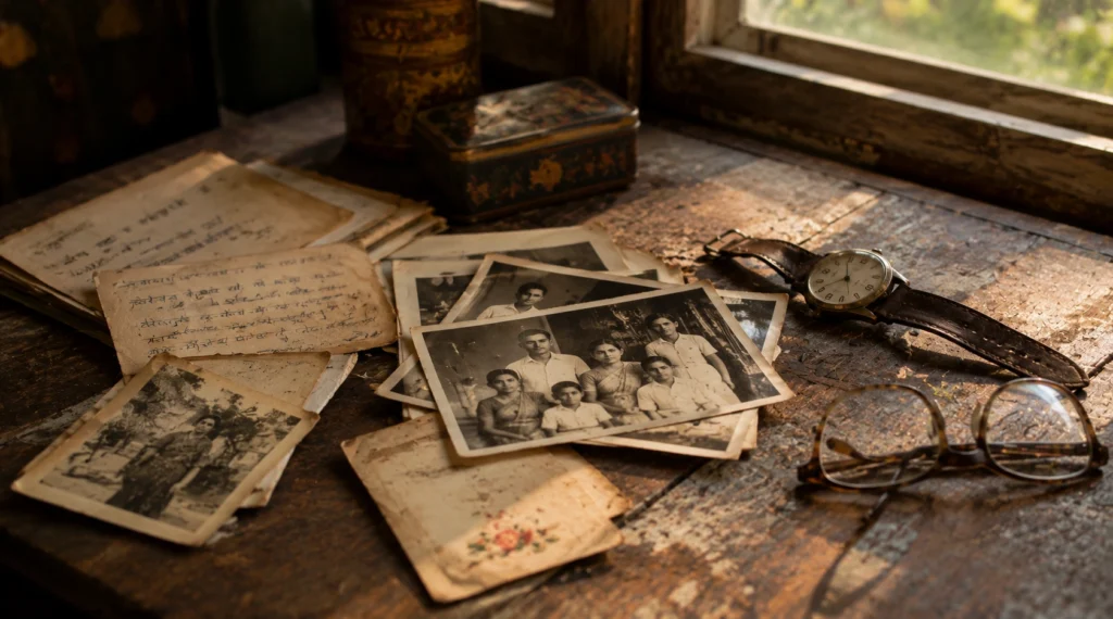 Old family photographs, handwritten letters and a vintage watch on a wooden table representing memory and nostalgia.