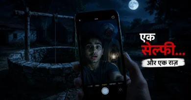 A mysterious selfie taken near an old village well reveals an elderly figure holding a lantern in the background.