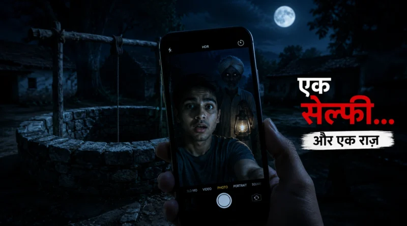 A mysterious selfie taken near an old village well reveals an elderly figure holding a lantern in the background.