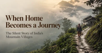 स्कूल तीन किलोमीटर दूर, रास्ते में भालू — पहाड़ की वो ज़िंदगी जिसे शहर कभी नहीं समझेगा Woman walking through a mountain trail in Garhwal highlighting the reality of पहाड़ी गांव समस्या and Migration