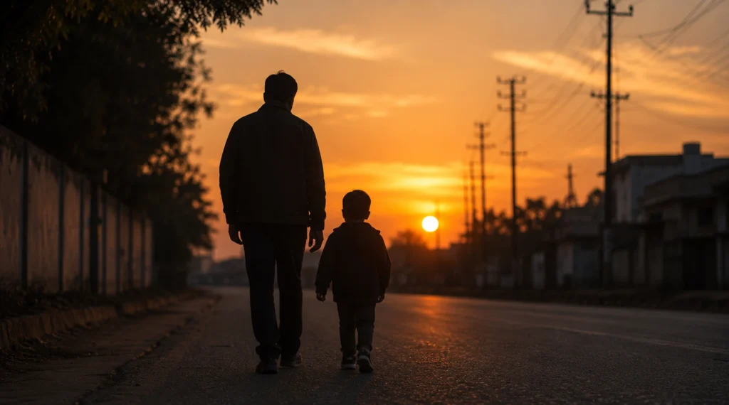 Parent and child walking together on a quiet road at sunset