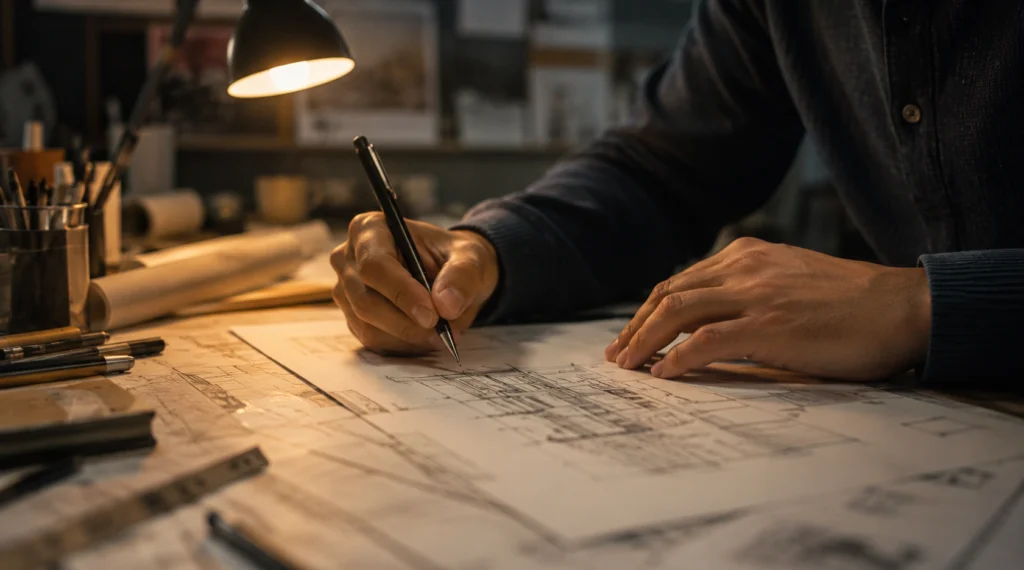 Hands sketching architectural drawings showing focused work and consistency