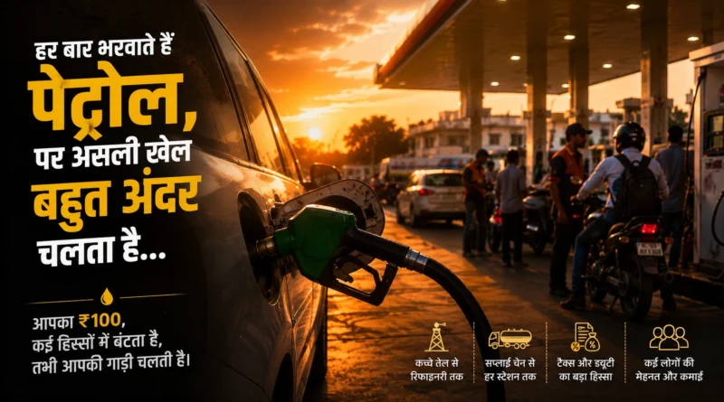 Petrol Pump Business Model feature image showing a fuel nozzle during refuelling at a busy Indian petrol station.