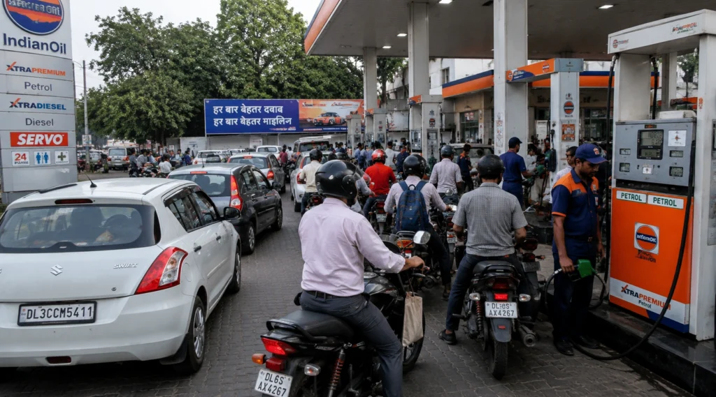 Busy Indian petrol station during morning rush with customers waiting to refuel.
