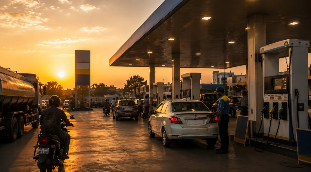 Sunset view of a busy Indian petrol station representing the hidden business ecosystem behind everyday fuel purchases.